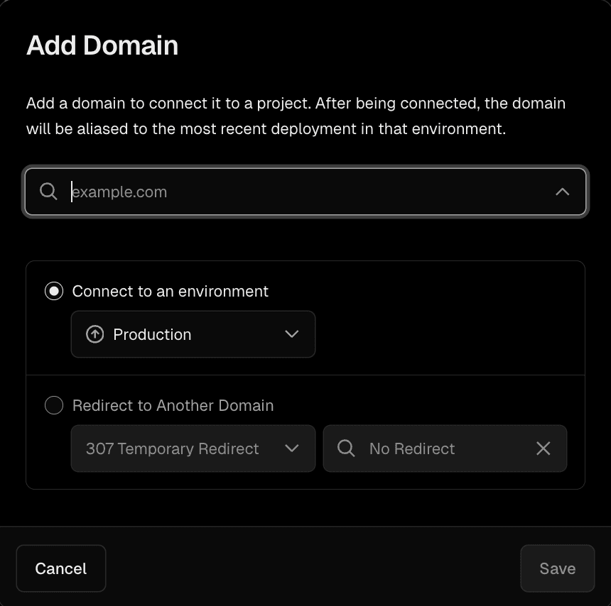 Vercel domain setup showing production environment and recommended settings