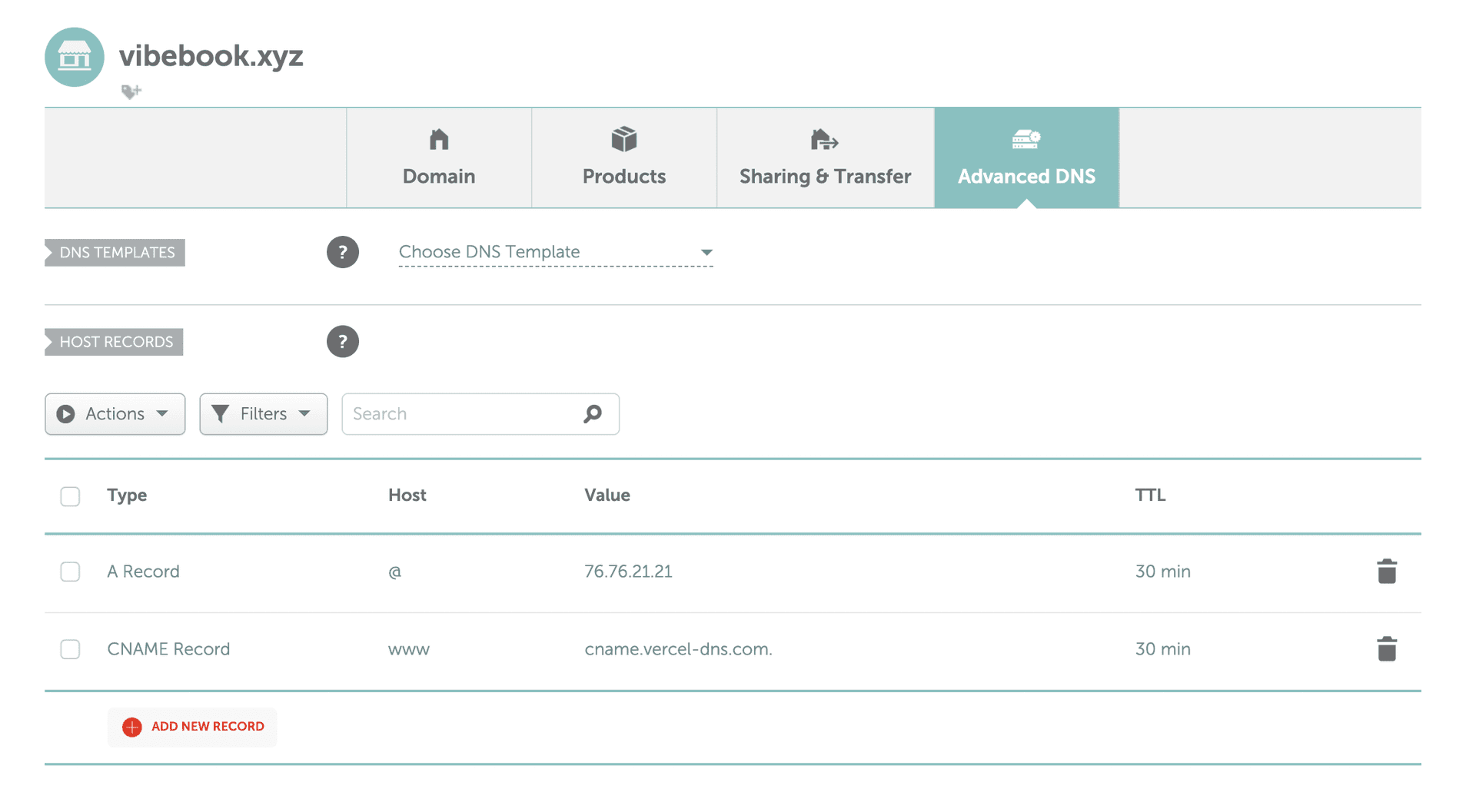 Namecheap Advanced DNS settings showing how to add CNAME and A records
