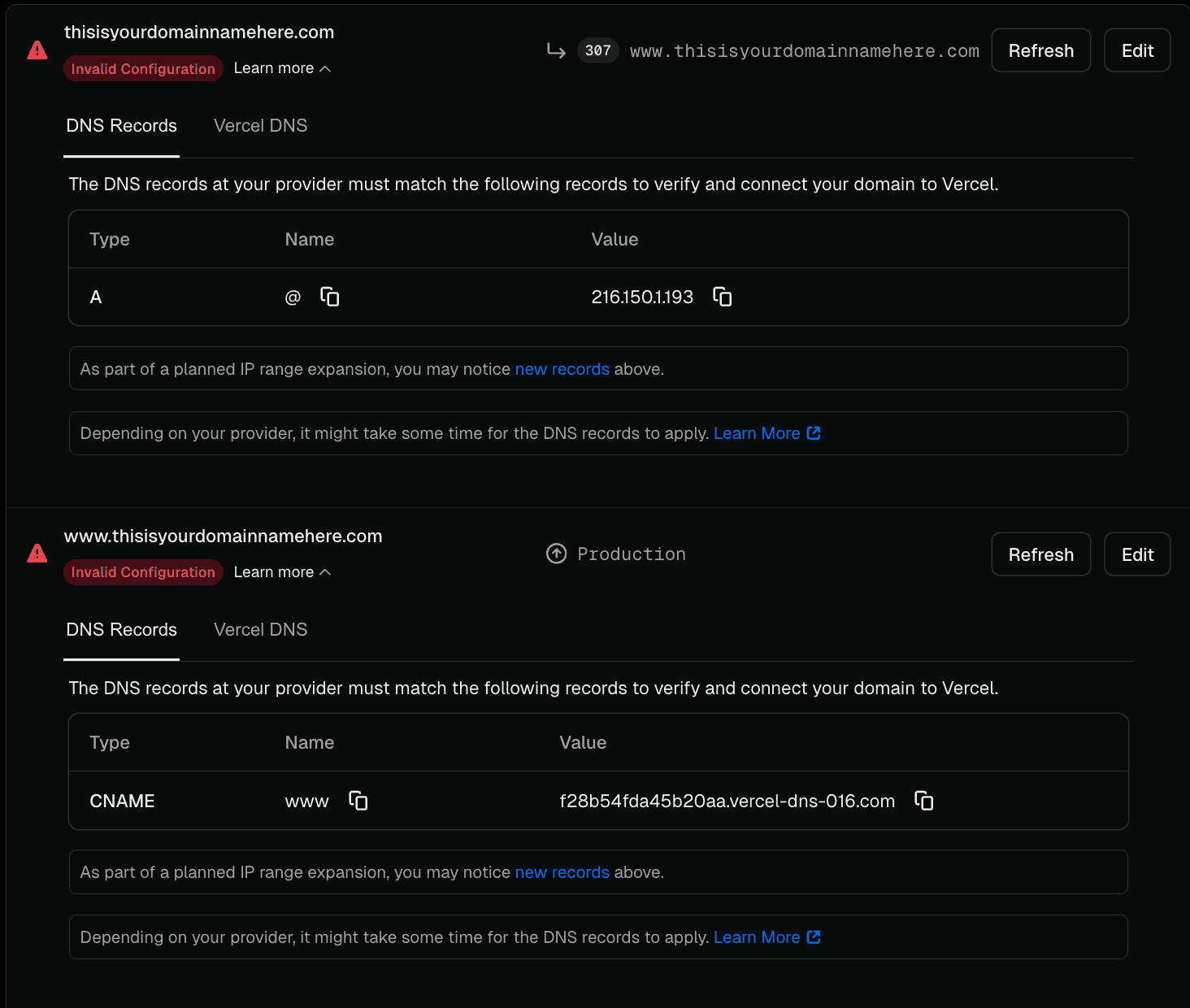 Vercel DNS records showing CNAME and A record values