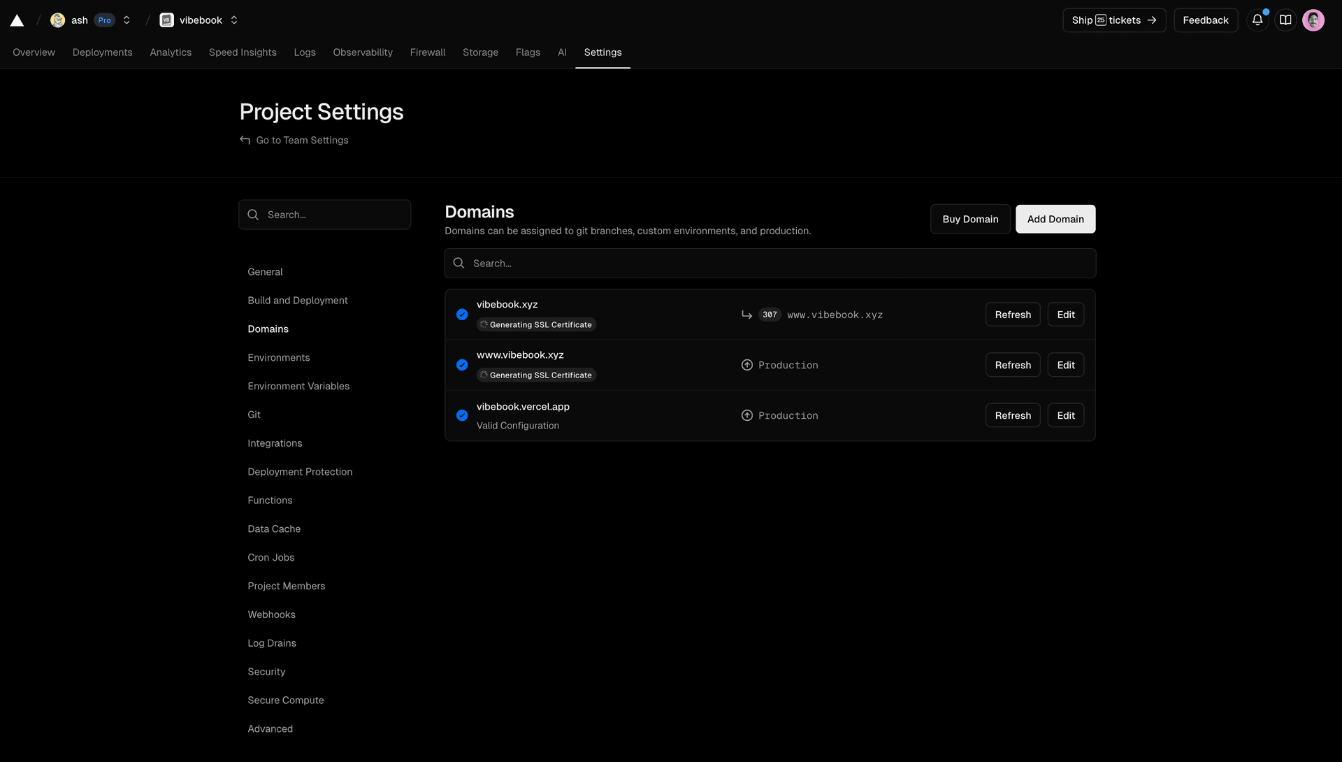 Vercel dashboard showing successful domain connection